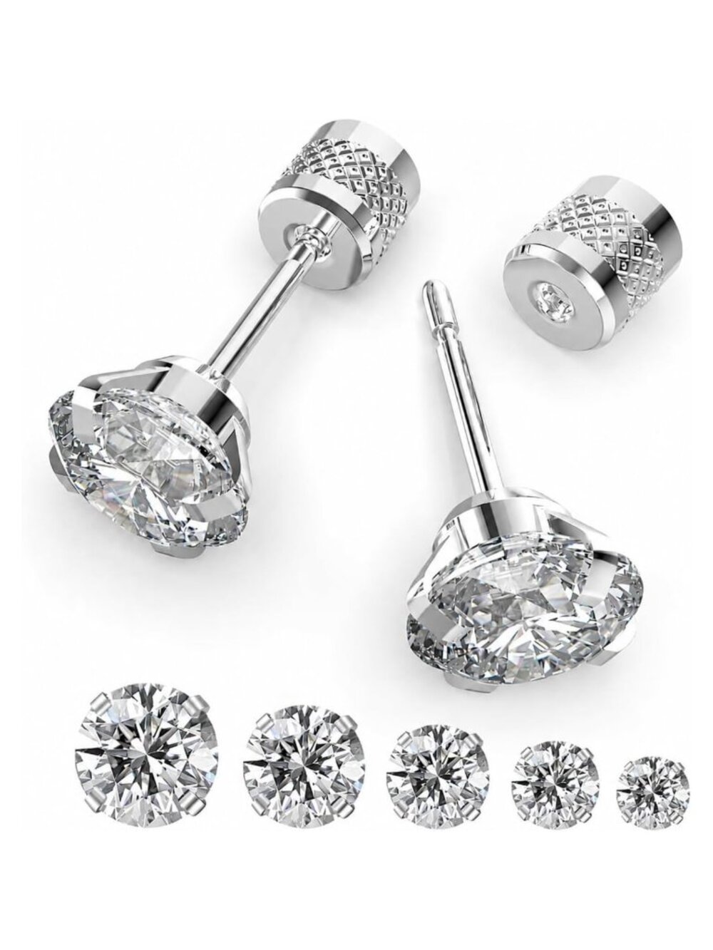 5 Pair Push-In Flat Back Stud Earrings Surgical Stainless Steel Cubic Zirconia